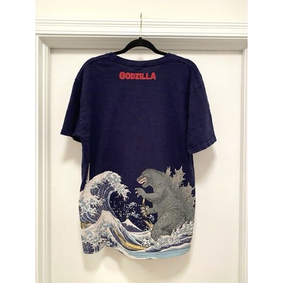 Godzilla Hokusai Wave Mt Fuji Graphic T-Shirt Mens XXL Blue Short Sleeve Anime - Picture 1 of 6